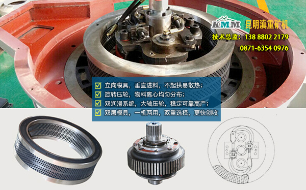 雙層、立向模具、旋轉(zhuǎn)壓輪等顆粒機(jī)內(nèi)部示意圖